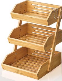 Bamboo Fruit Basket 3-Tier - Premium Produce Basket for Kitchen w/ 2 Hangers - Durable & Easy to Assemble Stand for Countertop - Perfect Holder for Vegetables, Bread, Snacks & More