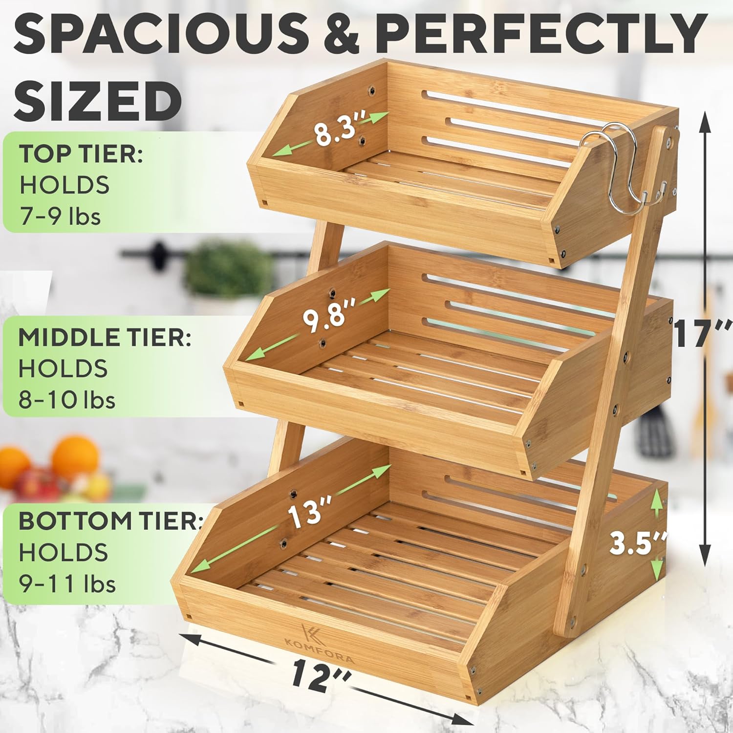 Bamboo Fruit Basket 3-Tier - Premium Produce Basket for Kitchen w/ 2 Hangers - Durable & Easy to Assemble Stand for Countertop - Perfect Holder for Vegetables, Bread, Snacks & More - Image 4