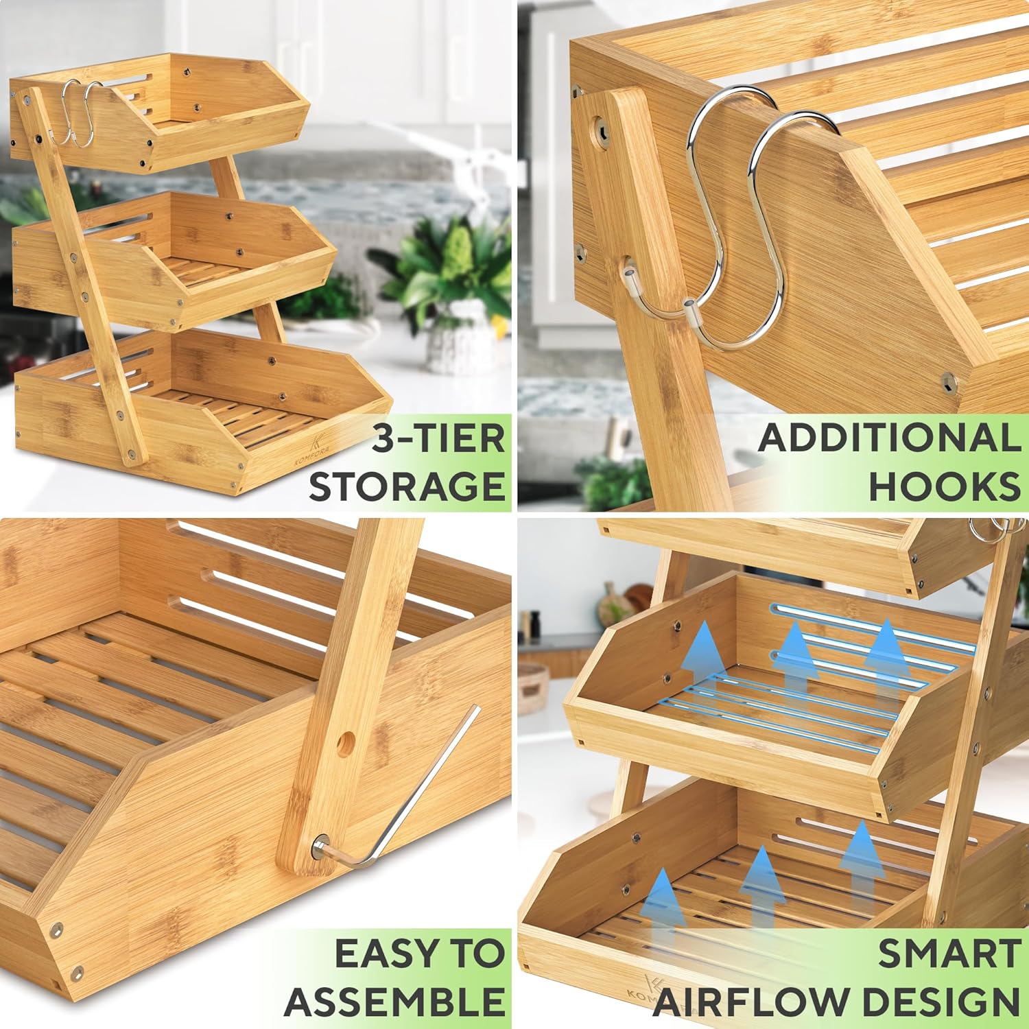 Bamboo Fruit Basket 3-Tier - Premium Produce Basket for Kitchen w/ 2 Hangers - Durable & Easy to Assemble Stand for Countertop - Perfect Holder for Vegetables, Bread, Snacks & More - Image 5