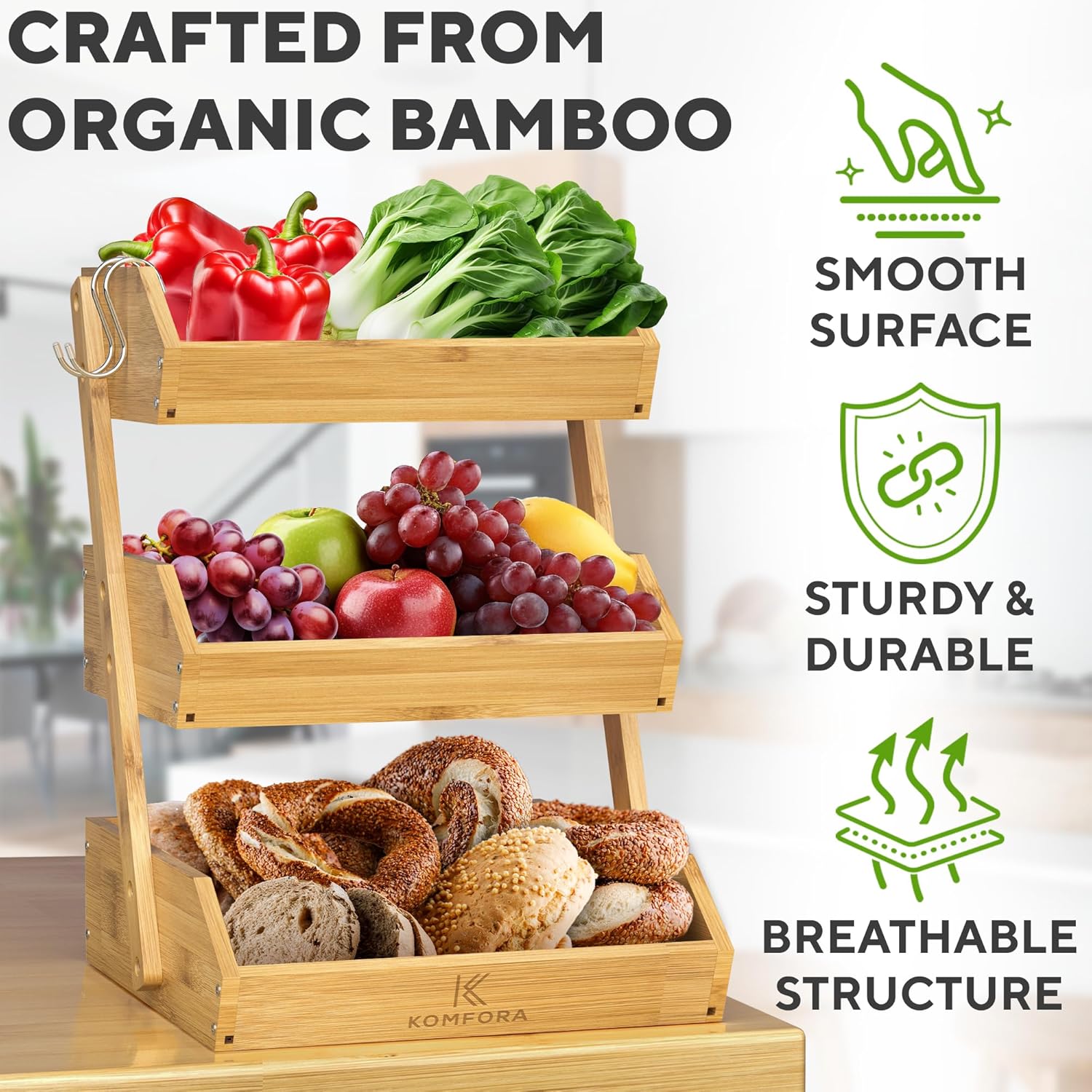 Bamboo Fruit Basket 3-Tier - Premium Produce Basket for Kitchen w/ 2 Hangers - Durable & Easy to Assemble Stand for Countertop - Perfect Holder for Vegetables, Bread, Snacks & More - Image 6