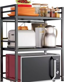 DOLALIKE Expandable Microwave Rack, Countertop Kitchen Utensils Tableware Storage, Carbon Steel 3 Tier Shelf with 3 Hooks