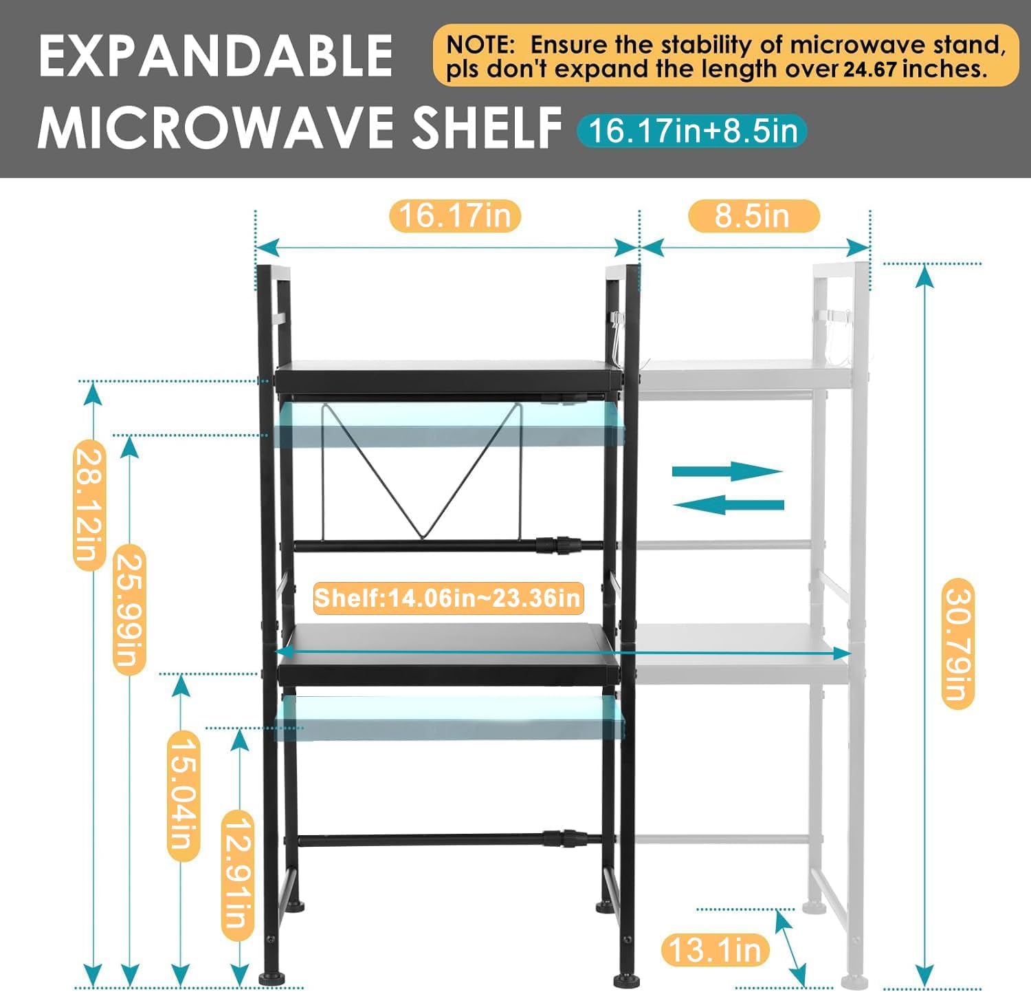 DOLALIKE Expandable Microwave Rack, Countertop Kitchen Utensils Tableware Storage, Carbon Steel 3 Tier Shelf with 3 Hooks - Image 2