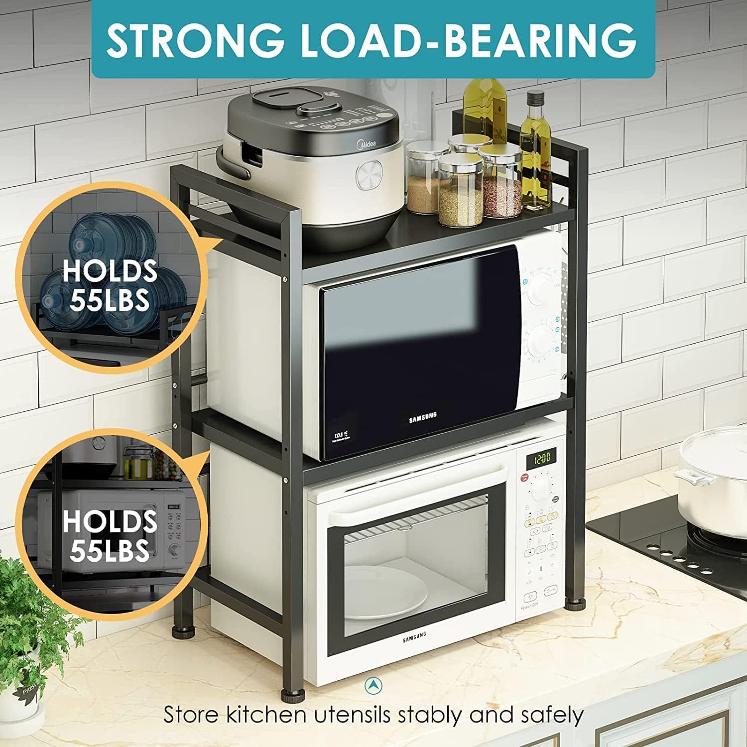 DOLALIKE Expandable Microwave Rack, Countertop Kitchen Utensils Tableware Storage, Carbon Steel 3 Tier Shelf with 3 Hooks - Image 3