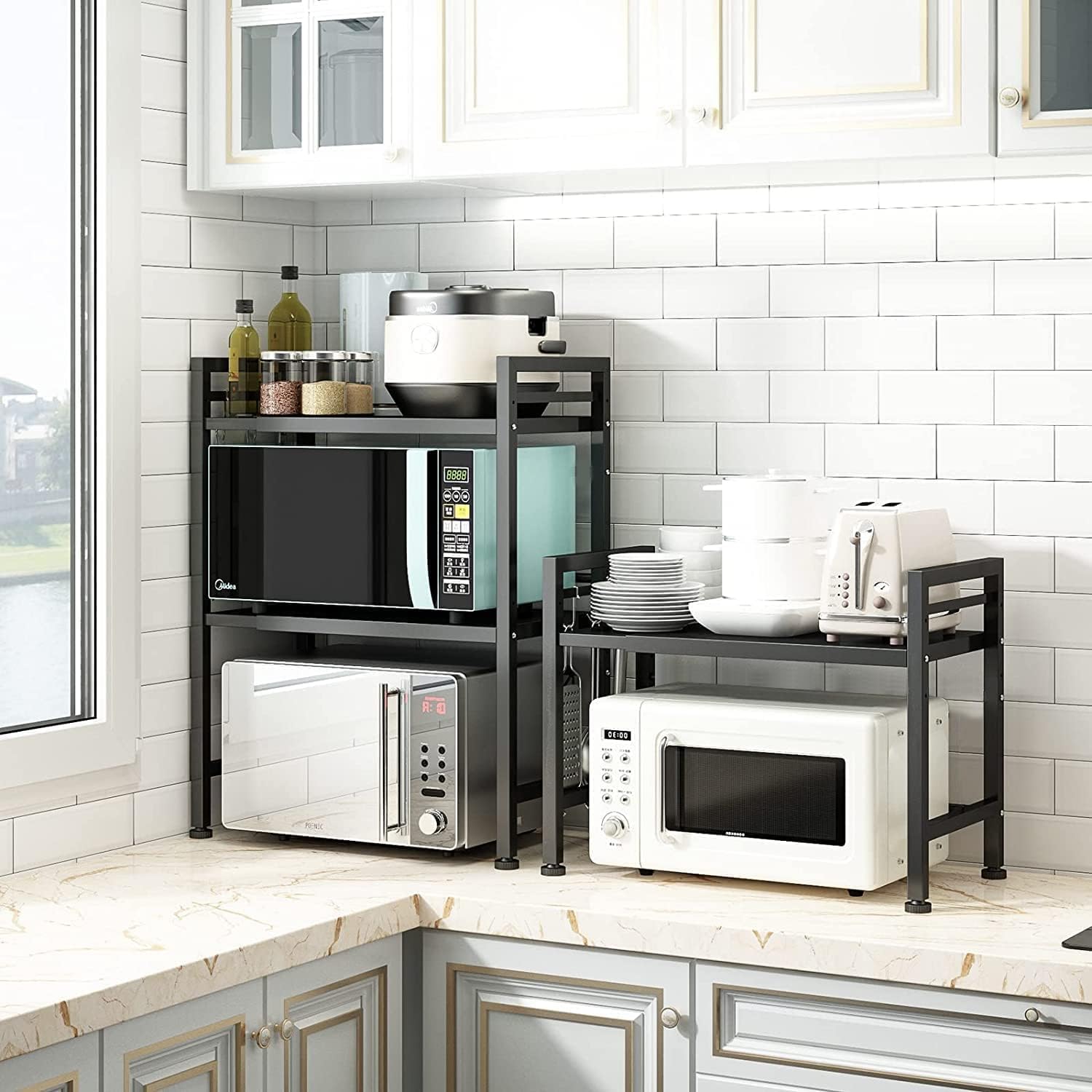 DOLALIKE Expandable Microwave Rack, Countertop Kitchen Utensils Tableware Storage, Carbon Steel 3 Tier Shelf with 3 Hooks - Image 7