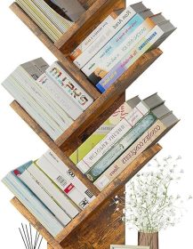 EasyCom Tree Bookshelf Metal Base, 7 Tier Bookcase Storage, Floor Standing Bookshelf Organizer for Movies/CDs/Books, Wood Book Storage Rack for Bedroom/Living Room/Home Office (Brown)