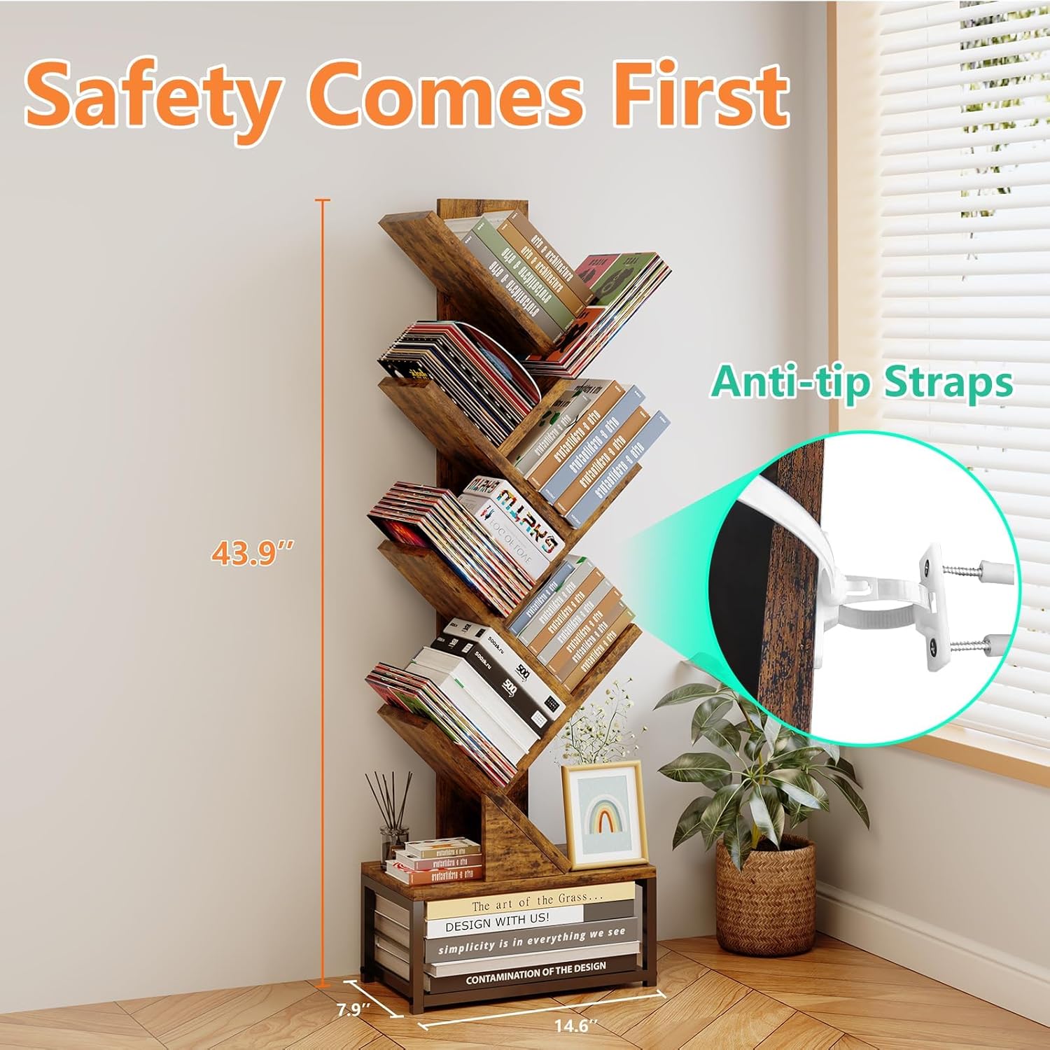 EasyCom Tree Bookshelf Metal Base, 7 Tier Bookcase Storage, Floor Standing Bookshelf Organizer for Movies/CDs/Books, Wood Book Storage Rack for Bedroom/Living Room/Home Office (Brown) - Image 3