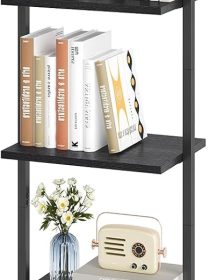 ELYKEN Ladder Shelf, 5-Tier Wood Wall Mounted Bookshelf with Metal Frame, Vintage Open Display Organizer Rack, Leaning Storage Shelves for Living Room, Bedroom, Home Office, Black