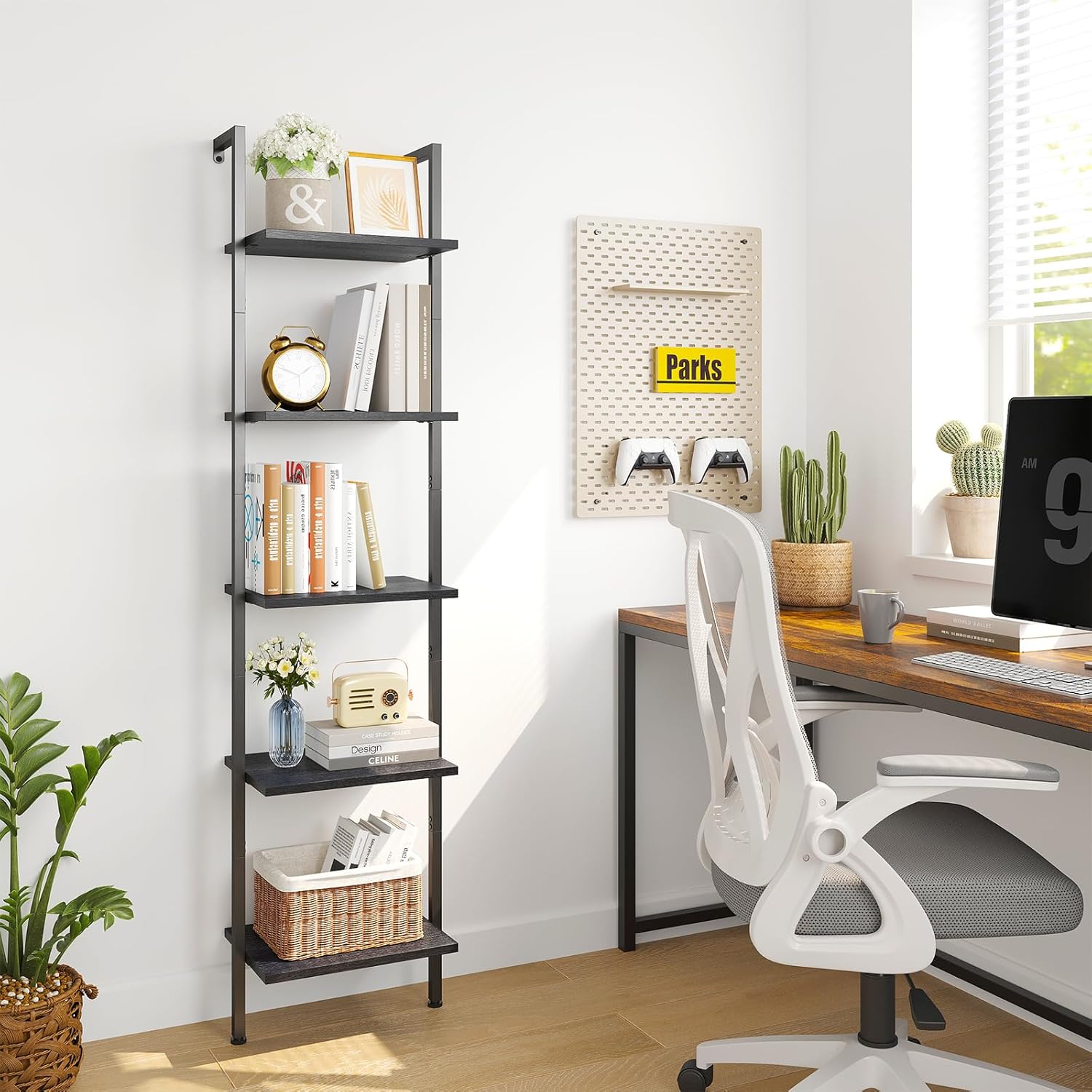 ELYKEN Ladder Shelf, 5-Tier Wood Wall Mounted Bookshelf with Metal Frame, Vintage Open Display Organizer Rack, Leaning Storage Shelves for Living Room, Bedroom, Home Office, Black - Image 2