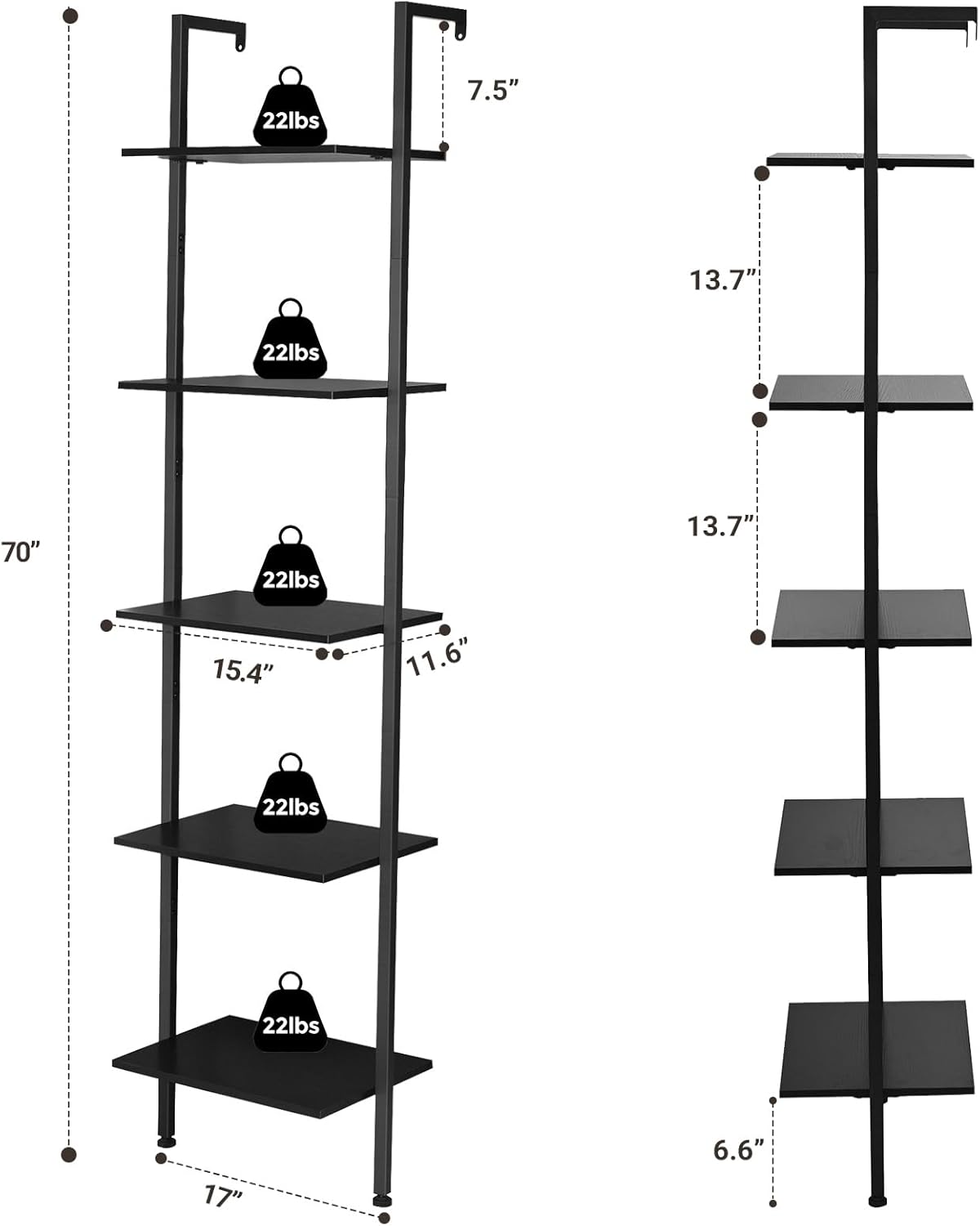 ELYKEN Ladder Shelf, 5-Tier Wood Wall Mounted Bookshelf with Metal Frame, Vintage Open Display Organizer Rack, Leaning Storage Shelves for Living Room, Bedroom, Home Office, Black - Image 3