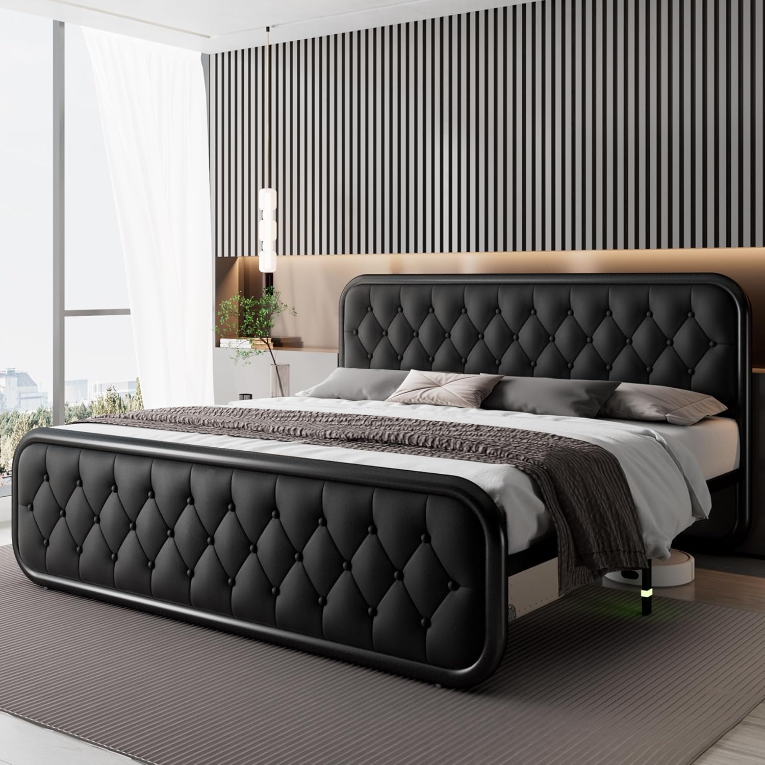 Feonase King Size Bed Frame, Upholstered Bed Frame with Faux Leather Headboard, Heavy Duty Platform Bed with Strong Metal Slats, 12 Inch Under-Bed Storage, Noise-Free, Easy Assembly, Black - Image 3