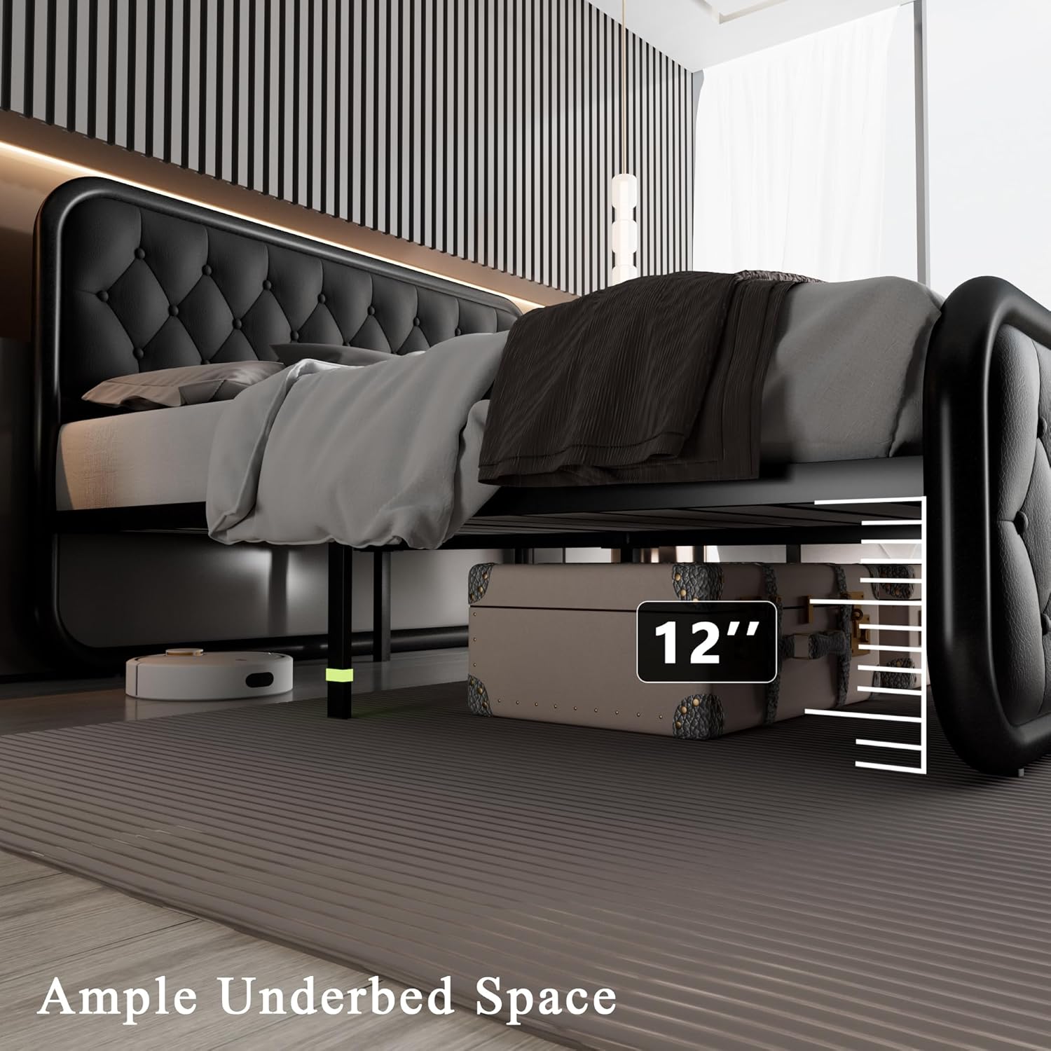 Feonase King Size Bed Frame, Upholstered Bed Frame with Faux Leather Headboard, Heavy Duty Platform Bed with Strong Metal Slats, 12 Inch Under-Bed Storage, Noise-Free, Easy Assembly, Black - Image 7