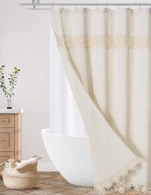 Boho Farmhouse Shower Curtain Set, Linen Cotton Fabric Shower Curtain with Macrame Lace Decor, Modern Bohemian French Country Chic Bathroom Curtain with PEVA Liner 72x72 - Beige/Cream
