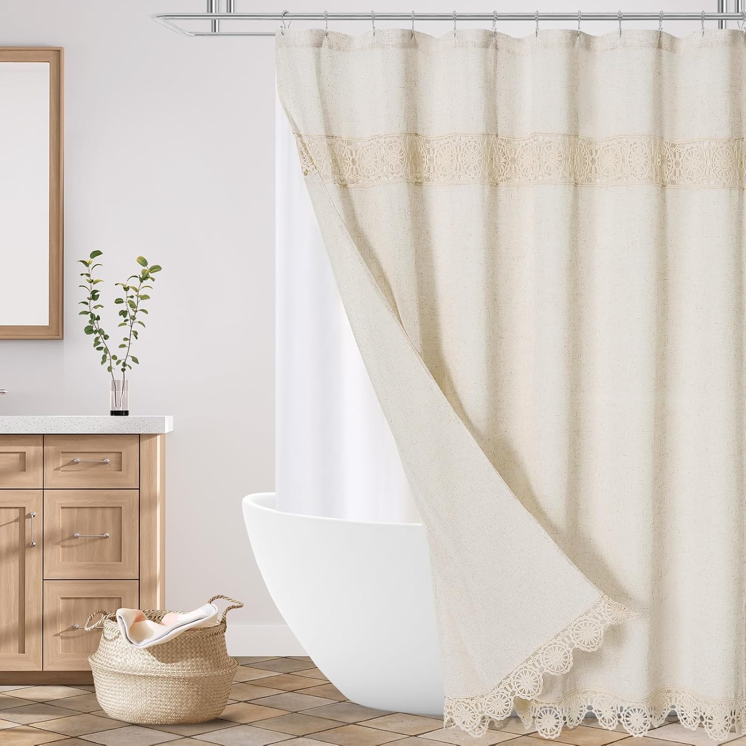 Boho Farmhouse Shower Curtain Set, Linen Cotton Fabric Shower Curtain with Macrame Lace Decor, Modern Bohemian French Country Chic Bathroom Curtain with PEVA Liner 72x72 - Beige/Cream