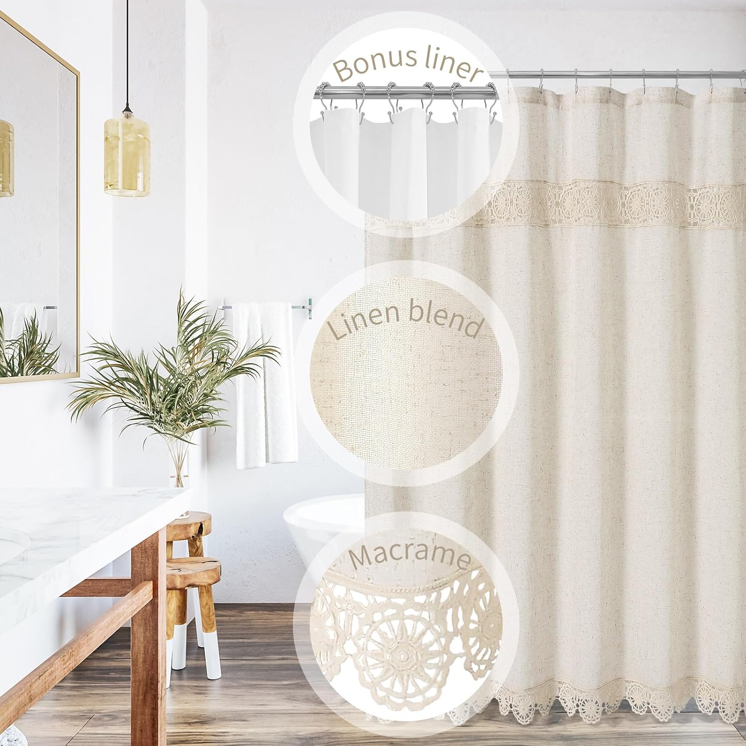 Boho Farmhouse Shower Curtain Set, Linen Cotton Fabric Shower Curtain with Macrame Lace Decor, Modern Bohemian French Country Chic Bathroom Curtain with PEVA Liner 72x72 - Beige/Cream - Image 2