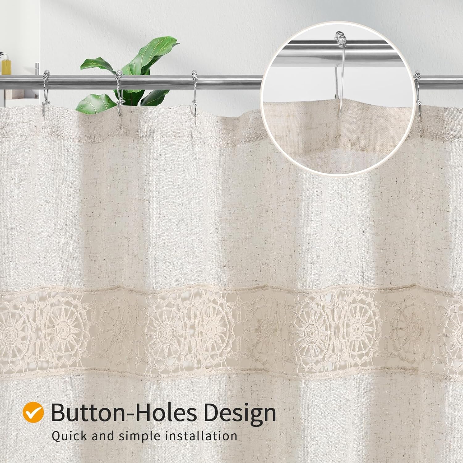 Boho Farmhouse Shower Curtain Set, Linen Cotton Fabric Shower Curtain with Macrame Lace Decor, Modern Bohemian French Country Chic Bathroom Curtain with PEVA Liner 72x72 - Beige/Cream - Image 5