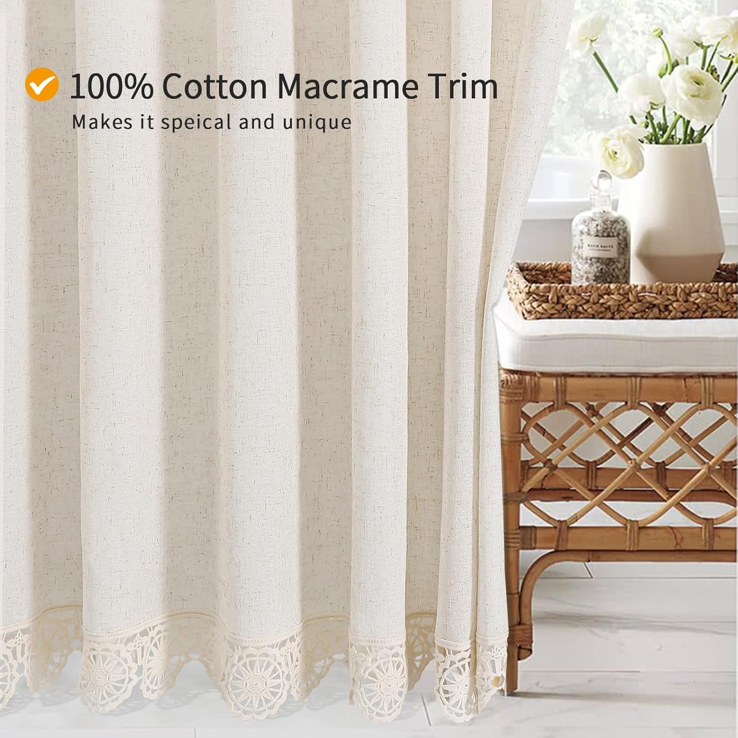 Boho Farmhouse Shower Curtain Set, Linen Cotton Fabric Shower Curtain with Macrame Lace Decor, Modern Bohemian French Country Chic Bathroom Curtain with PEVA Liner 72x72 - Beige/Cream - Image 6