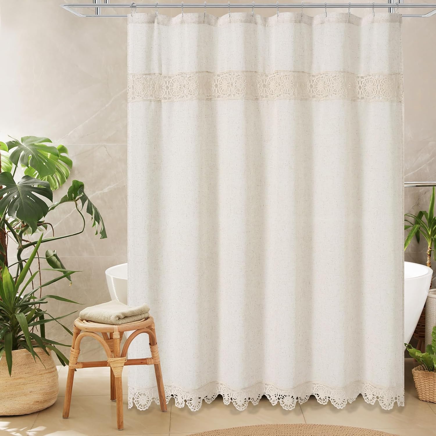 Boho Farmhouse Shower Curtain Set, Linen Cotton Fabric Shower Curtain with Macrame Lace Decor, Modern Bohemian French Country Chic Bathroom Curtain with PEVA Liner 72x72 - Beige/Cream - Image 7