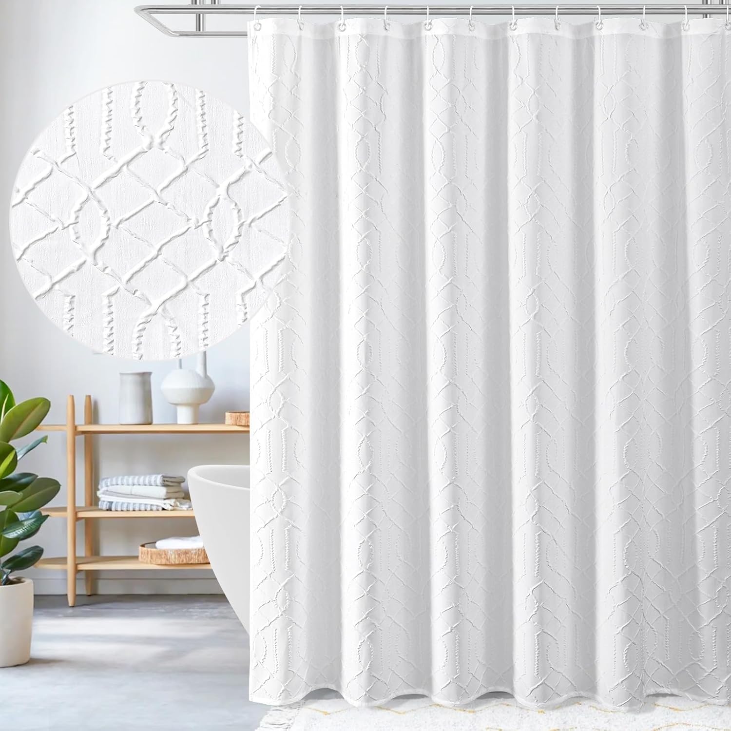 Long Shower Curtain 72 x 78, Tall 3D Embossed Textured White Fabric Shower Curtain, Modern Farmhouse Elegant Cloth Bathroom Curtains Shower Set with Hooks