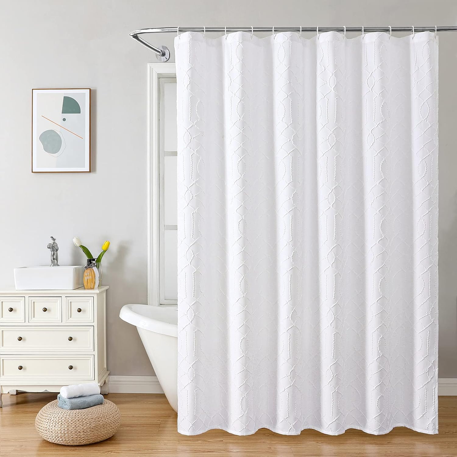 Long Shower Curtain 72 x 78, Tall 3D Embossed Textured White Fabric Shower Curtain, Modern Farmhouse Elegant Cloth Bathroom Curtains Shower Set with Hooks - Image 2