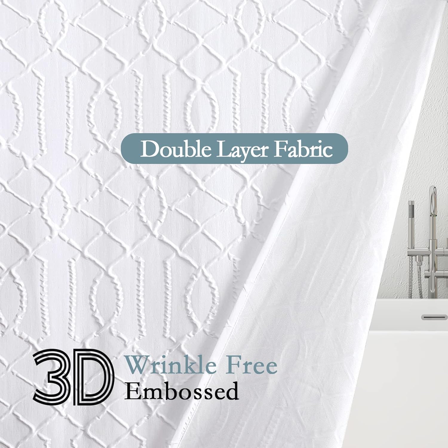 Long Shower Curtain 72 x 78, Tall 3D Embossed Textured White Fabric Shower Curtain, Modern Farmhouse Elegant Cloth Bathroom Curtains Shower Set with Hooks - Image 3