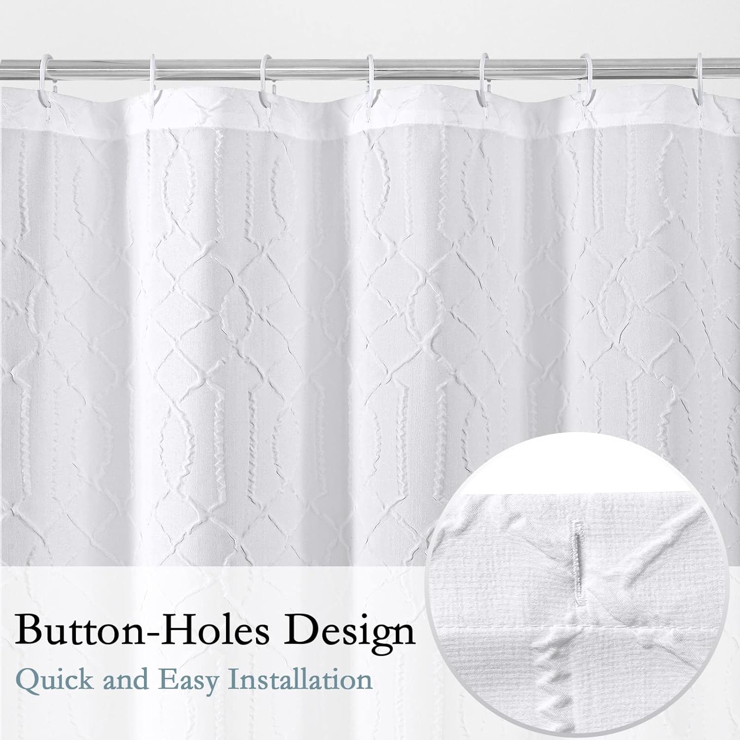 Long Shower Curtain 72 x 78, Tall 3D Embossed Textured White Fabric Shower Curtain, Modern Farmhouse Elegant Cloth Bathroom Curtains Shower Set with Hooks - Image 5