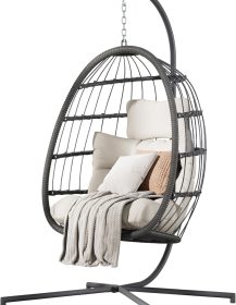 HWB Hanging Egg Chair with Stand, Patio Wicker Hammock Egg Swing Chair with Cushion for Bedroom Garden Indoor Outdoor (Beige)