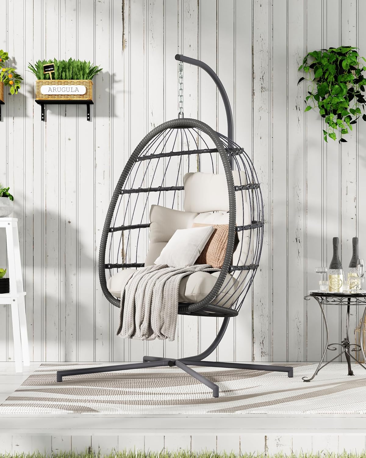 HWB Hanging Egg Chair with Stand, Patio Wicker Hammock Egg Swing Chair with Cushion for Bedroom Garden Indoor Outdoor (Beige) - Image 2