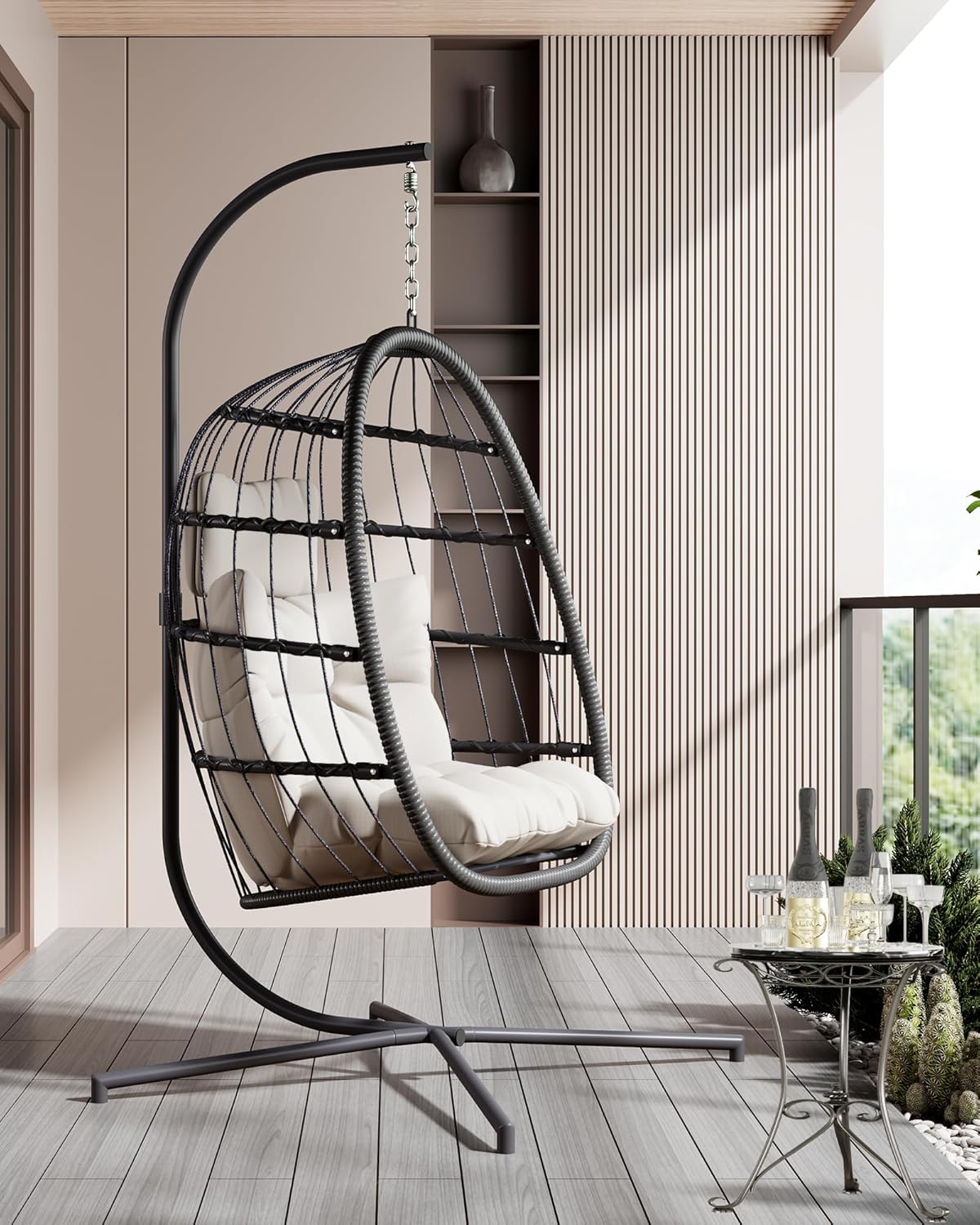 HWB Hanging Egg Chair with Stand, Patio Wicker Hammock Egg Swing Chair with Cushion for Bedroom Garden Indoor Outdoor (Beige) - Image 3