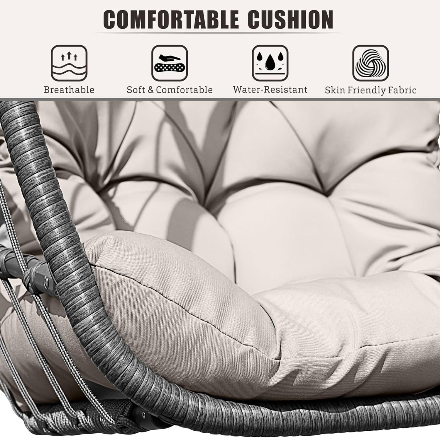 HWB Hanging Egg Chair with Stand, Patio Wicker Hammock Egg Swing Chair with Cushion for Bedroom Garden Indoor Outdoor (Beige) - Image 4