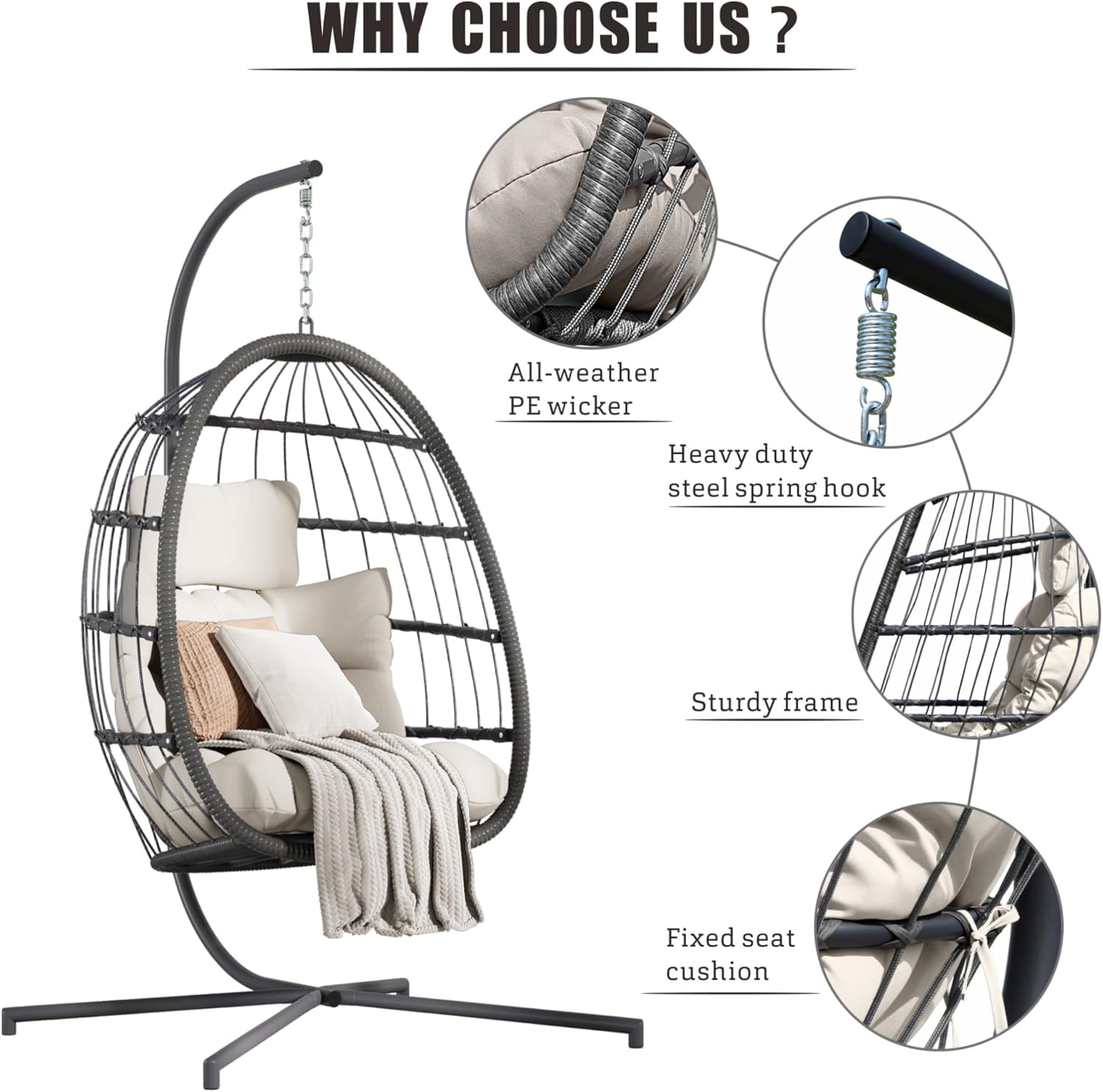 HWB Hanging Egg Chair with Stand, Patio Wicker Hammock Egg Swing Chair with Cushion for Bedroom Garden Indoor Outdoor (Beige) - Image 5