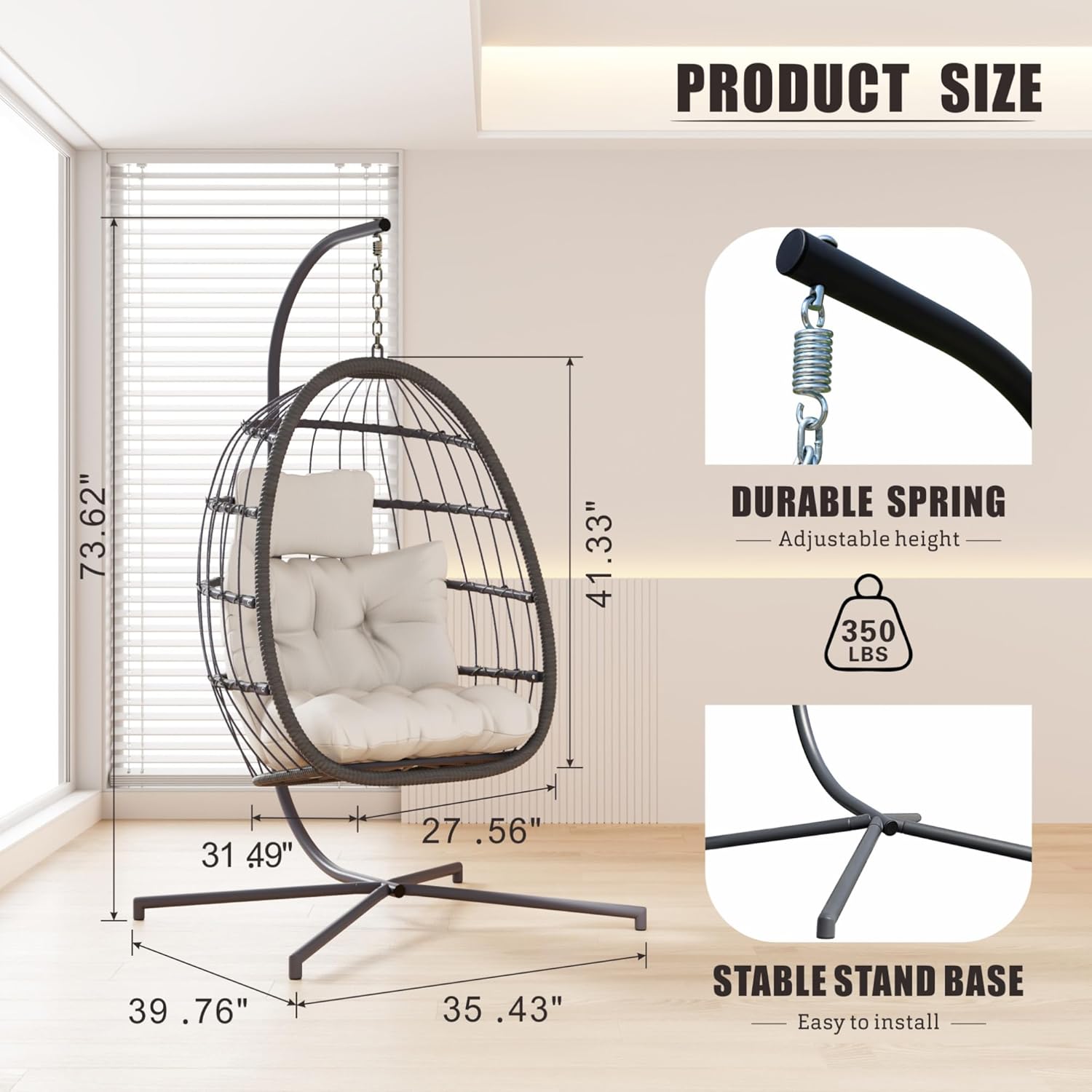 HWB Hanging Egg Chair with Stand, Patio Wicker Hammock Egg Swing Chair with Cushion for Bedroom Garden Indoor Outdoor (Beige) - Image 6