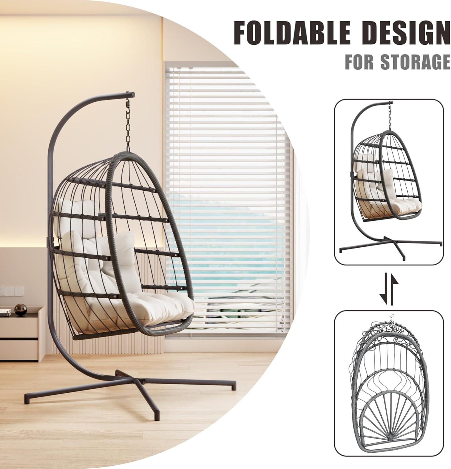 HWB Hanging Egg Chair with Stand, Patio Wicker Hammock Egg Swing Chair with Cushion for Bedroom Garden Indoor Outdoor (Beige) - Image 7