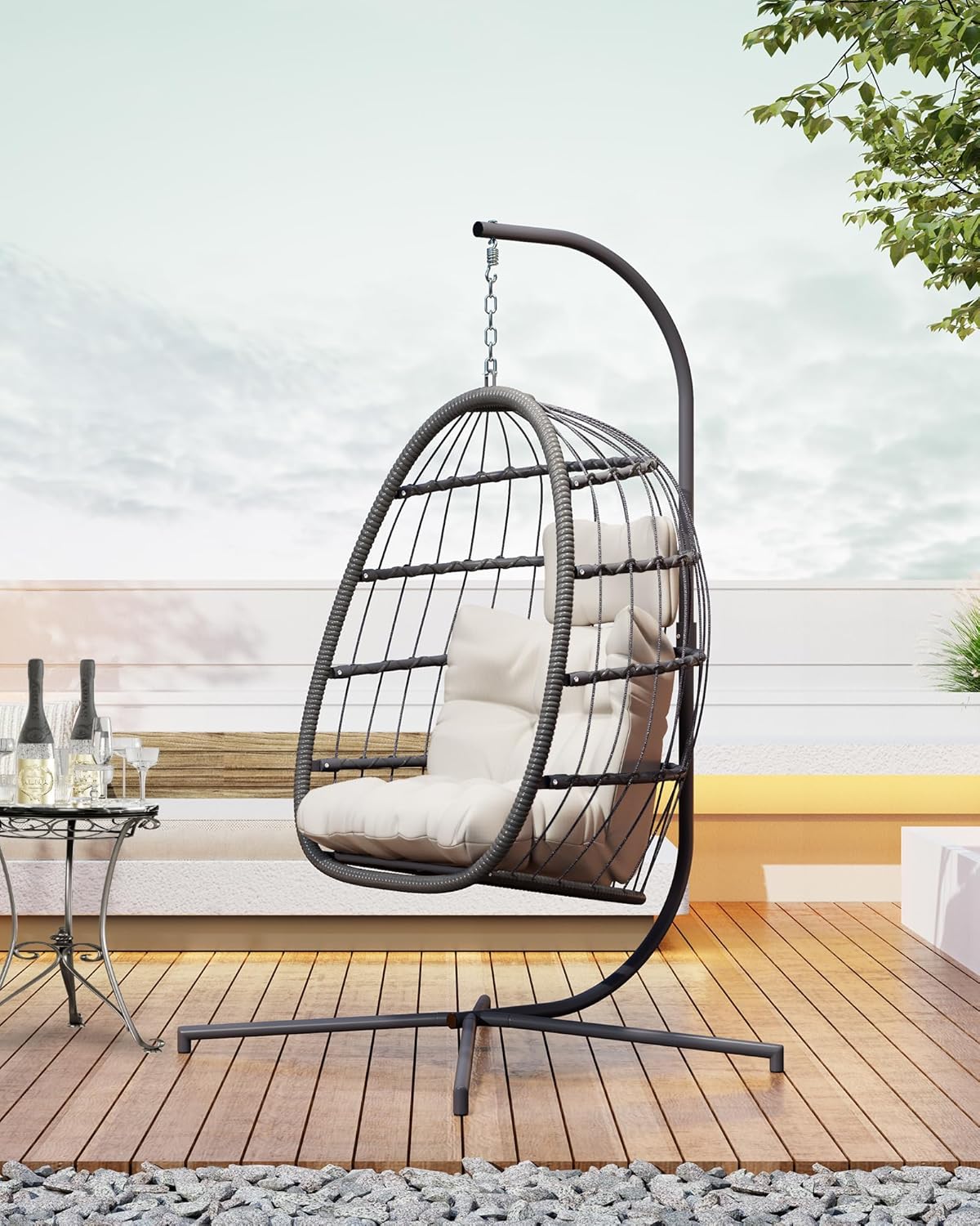 HWB Hanging Egg Chair with Stand, Patio Wicker Hammock Egg Swing Chair with Cushion for Bedroom Garden Indoor Outdoor (Beige) - Image 8