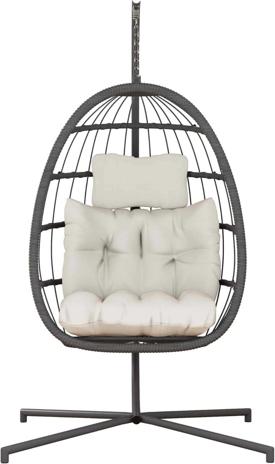 HWB Hanging Egg Chair with Stand, Patio Wicker Hammock Egg Swing Chair with Cushion for Bedroom Garden Indoor Outdoor (Beige) - Image 9