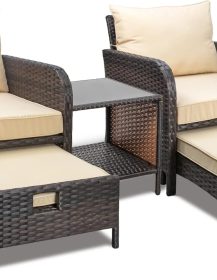 LEVELEVE Balcony Furniture 5 Piece Patio Conversation Set, PE Wicker Rattan Outdoor Lounge Chairs with Soft Cushions 2 Ottoman&Glass Table for Porch, Lawn-Brown Wicker