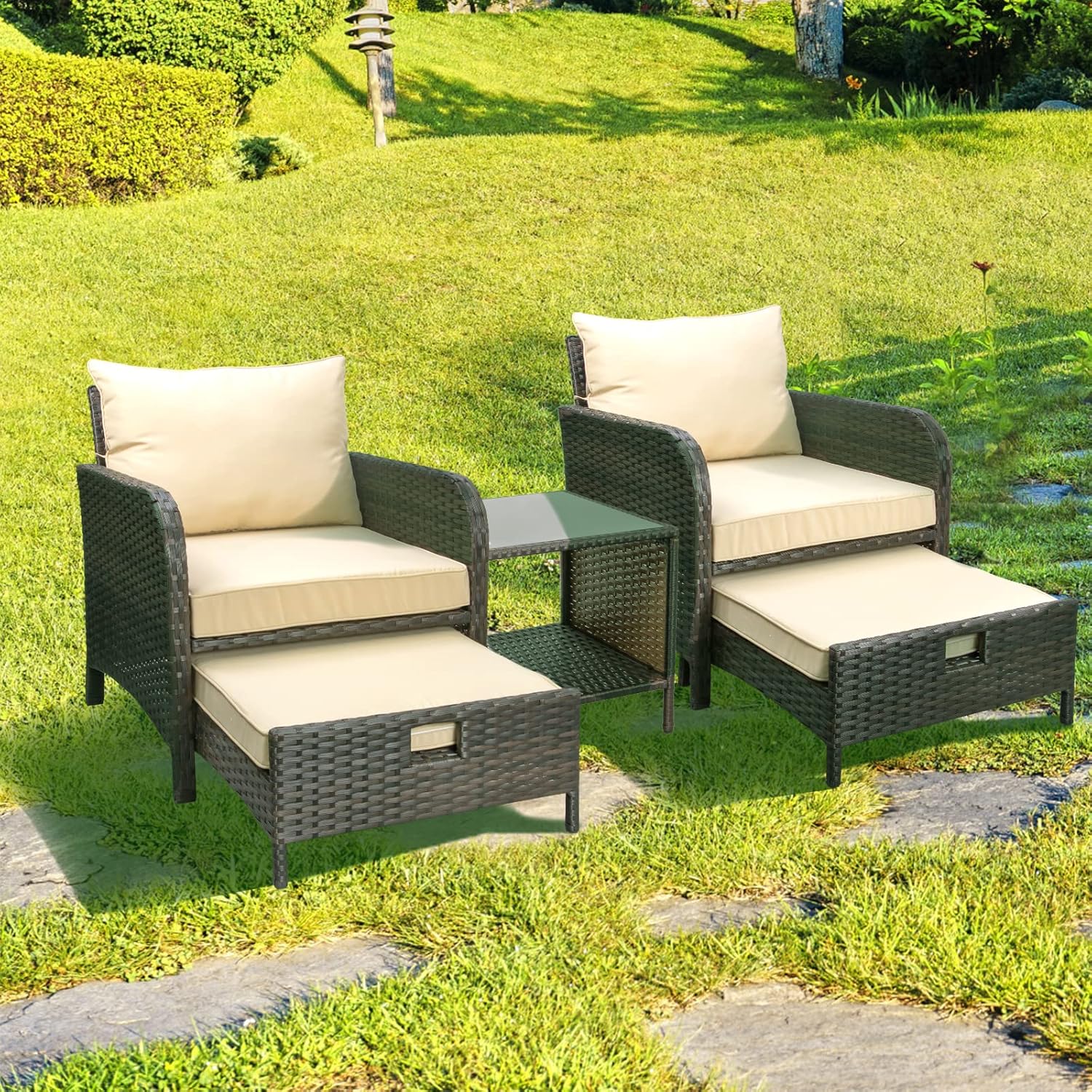 LEVELEVE Balcony Furniture 5 Piece Patio Conversation Set, PE Wicker Rattan Outdoor Lounge Chairs with Soft Cushions 2 Ottoman&Glass Table for Porch, Lawn-Brown Wicker - Image 2