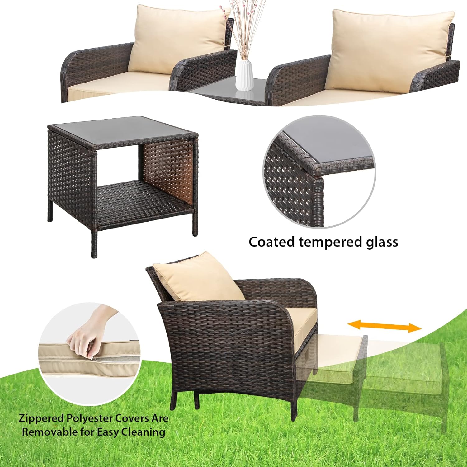 LEVELEVE Balcony Furniture 5 Piece Patio Conversation Set, PE Wicker Rattan Outdoor Lounge Chairs with Soft Cushions 2 Ottoman&Glass Table for Porch, Lawn-Brown Wicker - Image 3