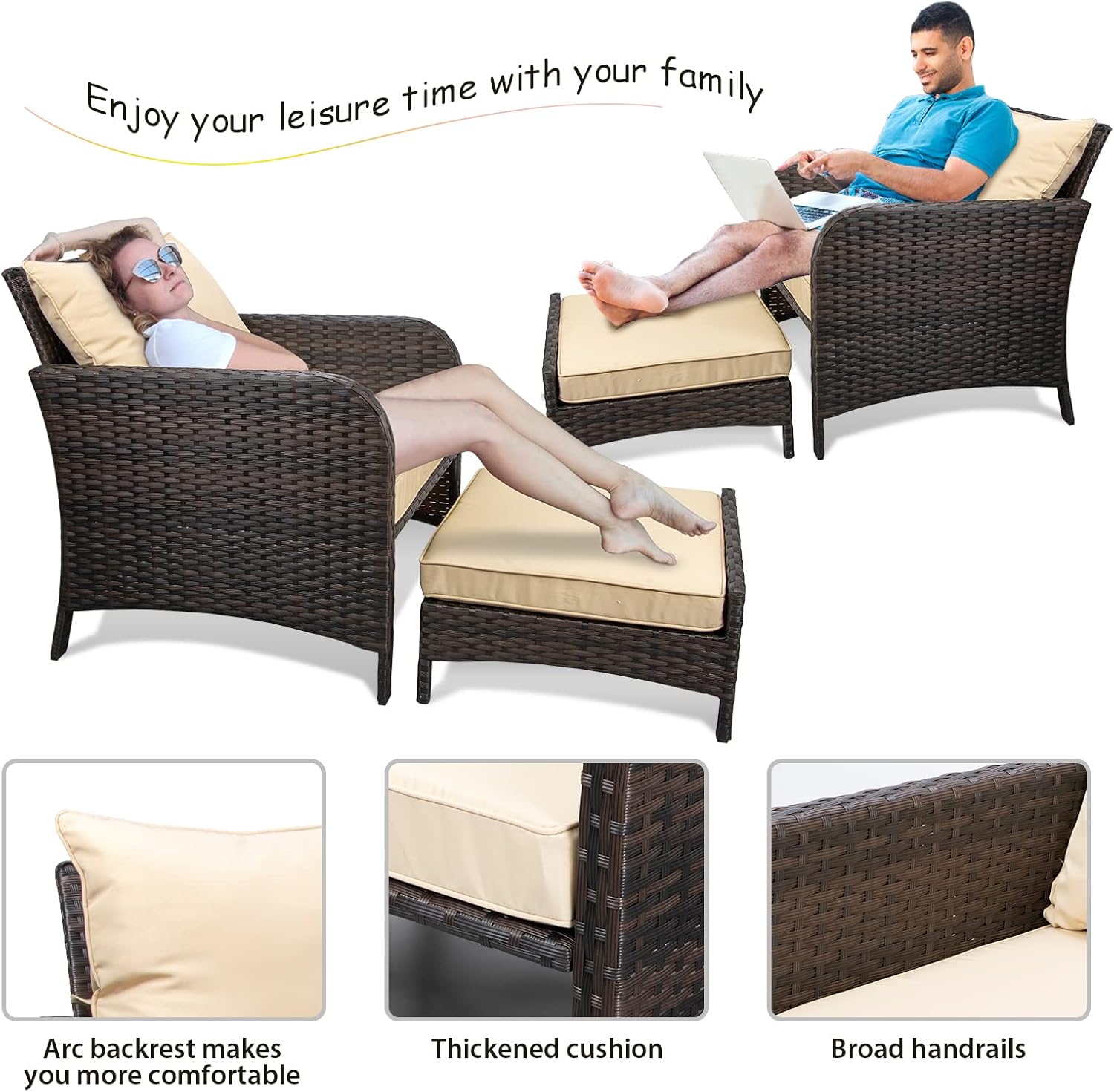 LEVELEVE Balcony Furniture 5 Piece Patio Conversation Set, PE Wicker Rattan Outdoor Lounge Chairs with Soft Cushions 2 Ottoman&Glass Table for Porch, Lawn-Brown Wicker - Image 4