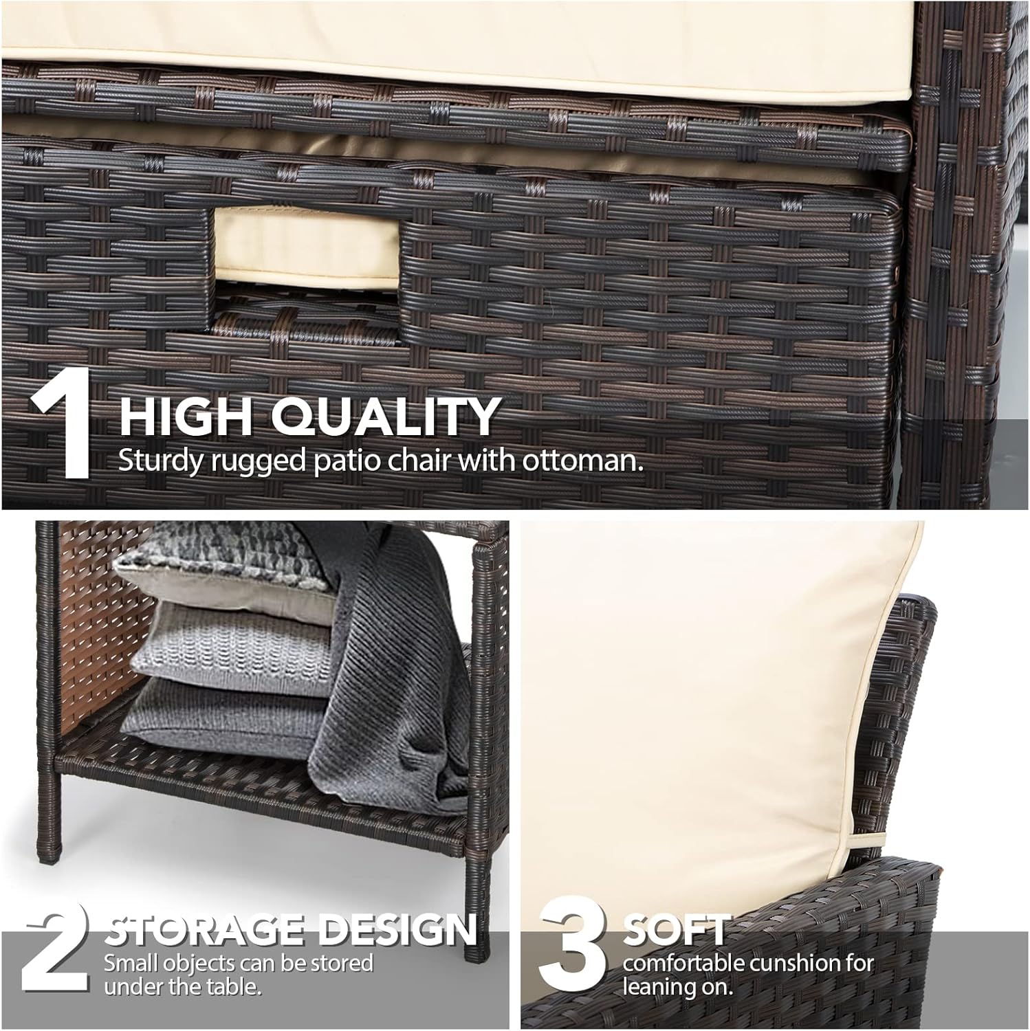 LEVELEVE Balcony Furniture 5 Piece Patio Conversation Set, PE Wicker Rattan Outdoor Lounge Chairs with Soft Cushions 2 Ottoman&Glass Table for Porch, Lawn-Brown Wicker - Image 6