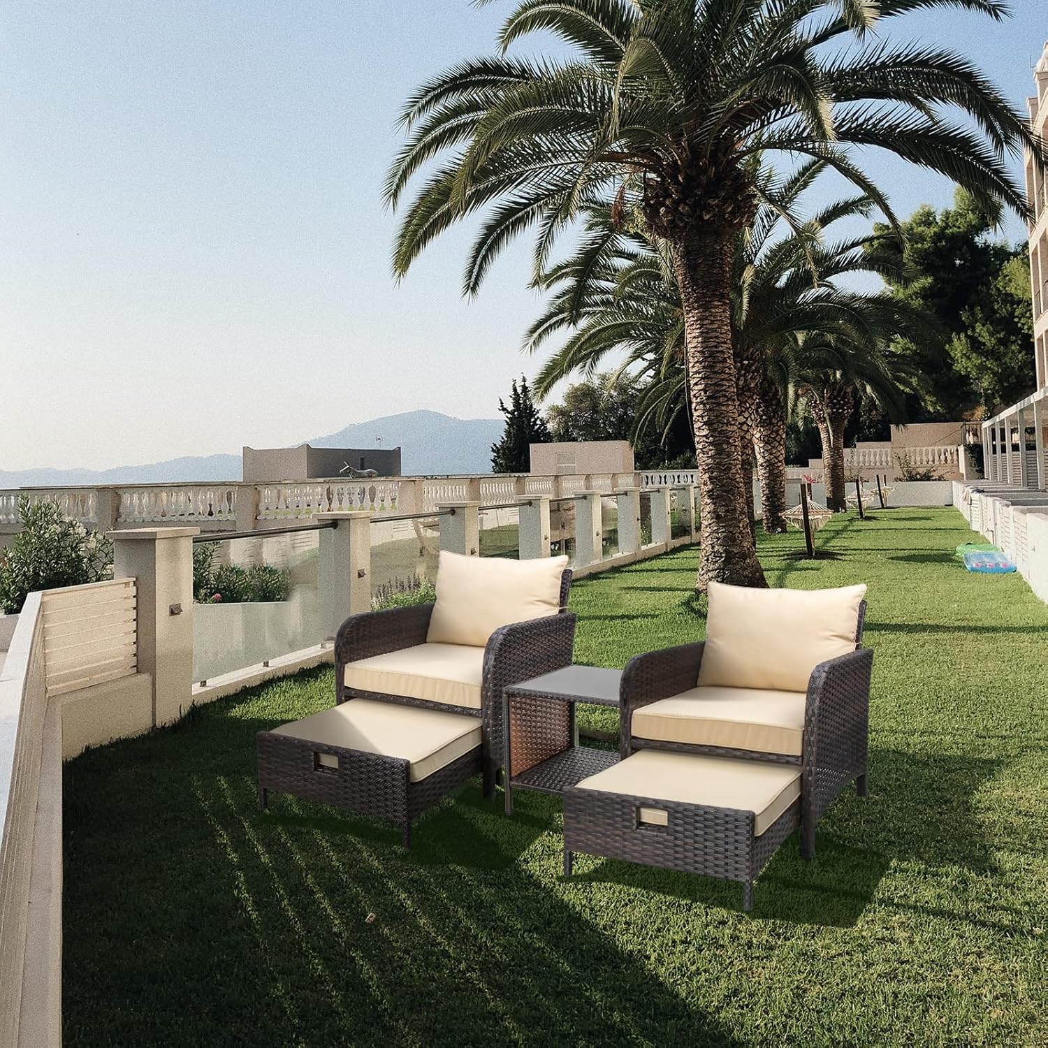 LEVELEVE Balcony Furniture 5 Piece Patio Conversation Set, PE Wicker Rattan Outdoor Lounge Chairs with Soft Cushions 2 Ottoman&Glass Table for Porch, Lawn-Brown Wicker - Image 8