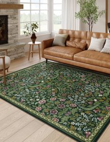 Moynesa Floral Washable 5x7 Rug, Green Area Rugs for Living Room, Non Slip Boho Dining Room Rug Under Table, Botanical Ultra Thin Floor Carpet for Bedroom Home Office, Green
