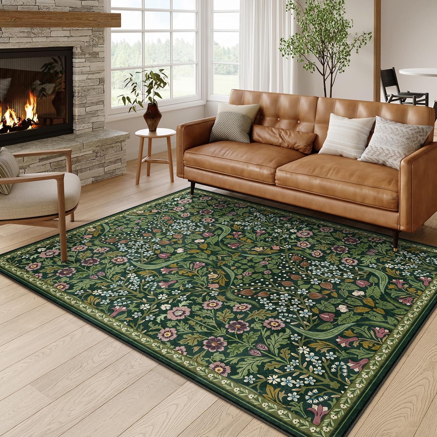 Moynesa Floral Washable 5x7 Rug, Green Area Rugs for Living Room, Non Slip Boho Dining Room Rug Under Table, Botanical Ultra Thin Floor Carpet for Bedroom Home Office, Green