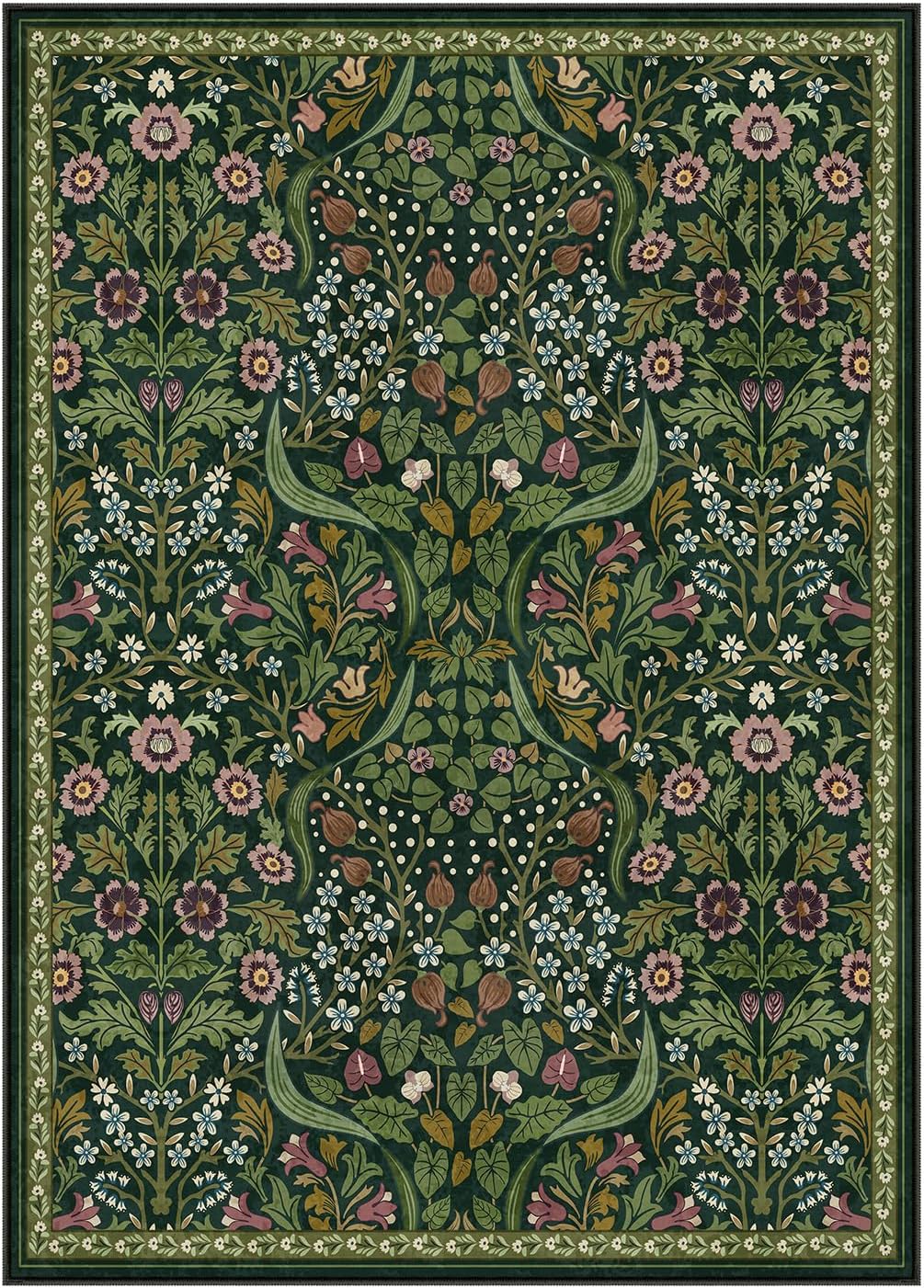 Moynesa Floral Washable 5x7 Rug, Green Area Rugs for Living Room, Non Slip Boho Dining Room Rug Under Table, Botanical Ultra Thin Floor Carpet for Bedroom Home Office, Green - Image 2