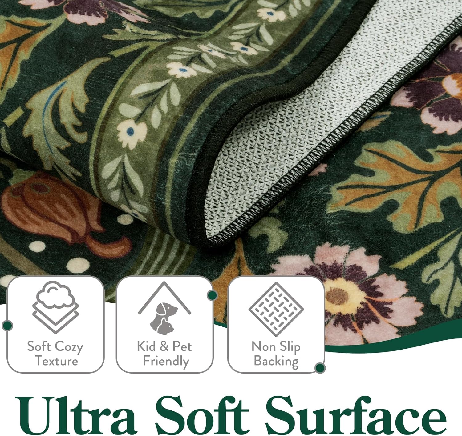 Moynesa Floral Washable 5x7 Rug, Green Area Rugs for Living Room, Non Slip Boho Dining Room Rug Under Table, Botanical Ultra Thin Floor Carpet for Bedroom Home Office, Green - Image 3