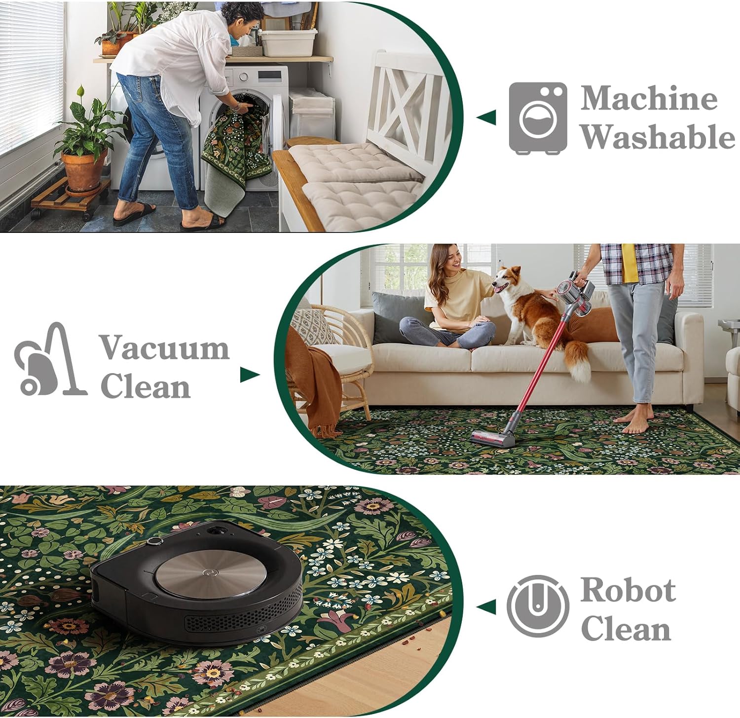 Moynesa Floral Washable 5x7 Rug, Green Area Rugs for Living Room, Non Slip Boho Dining Room Rug Under Table, Botanical Ultra Thin Floor Carpet for Bedroom Home Office, Green - Image 4