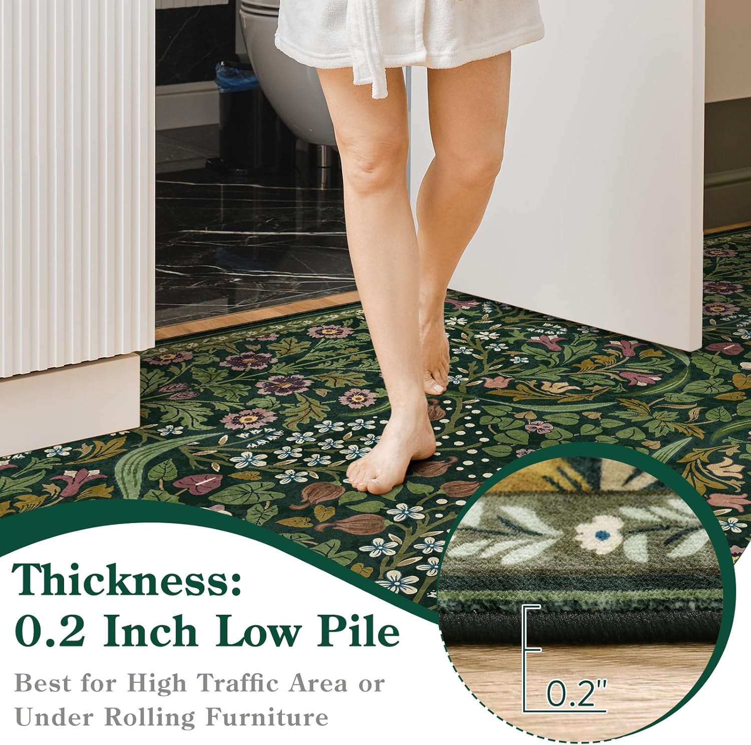 Moynesa Floral Washable 5x7 Rug, Green Area Rugs for Living Room, Non Slip Boho Dining Room Rug Under Table, Botanical Ultra Thin Floor Carpet for Bedroom Home Office, Green - Image 5