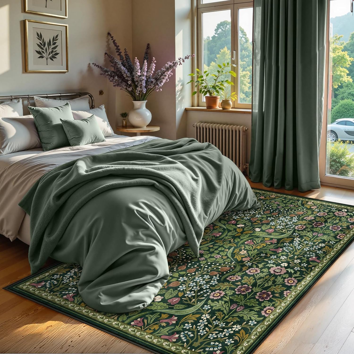 Moynesa Floral Washable 5x7 Rug, Green Area Rugs for Living Room, Non Slip Boho Dining Room Rug Under Table, Botanical Ultra Thin Floor Carpet for Bedroom Home Office, Green - Image 6