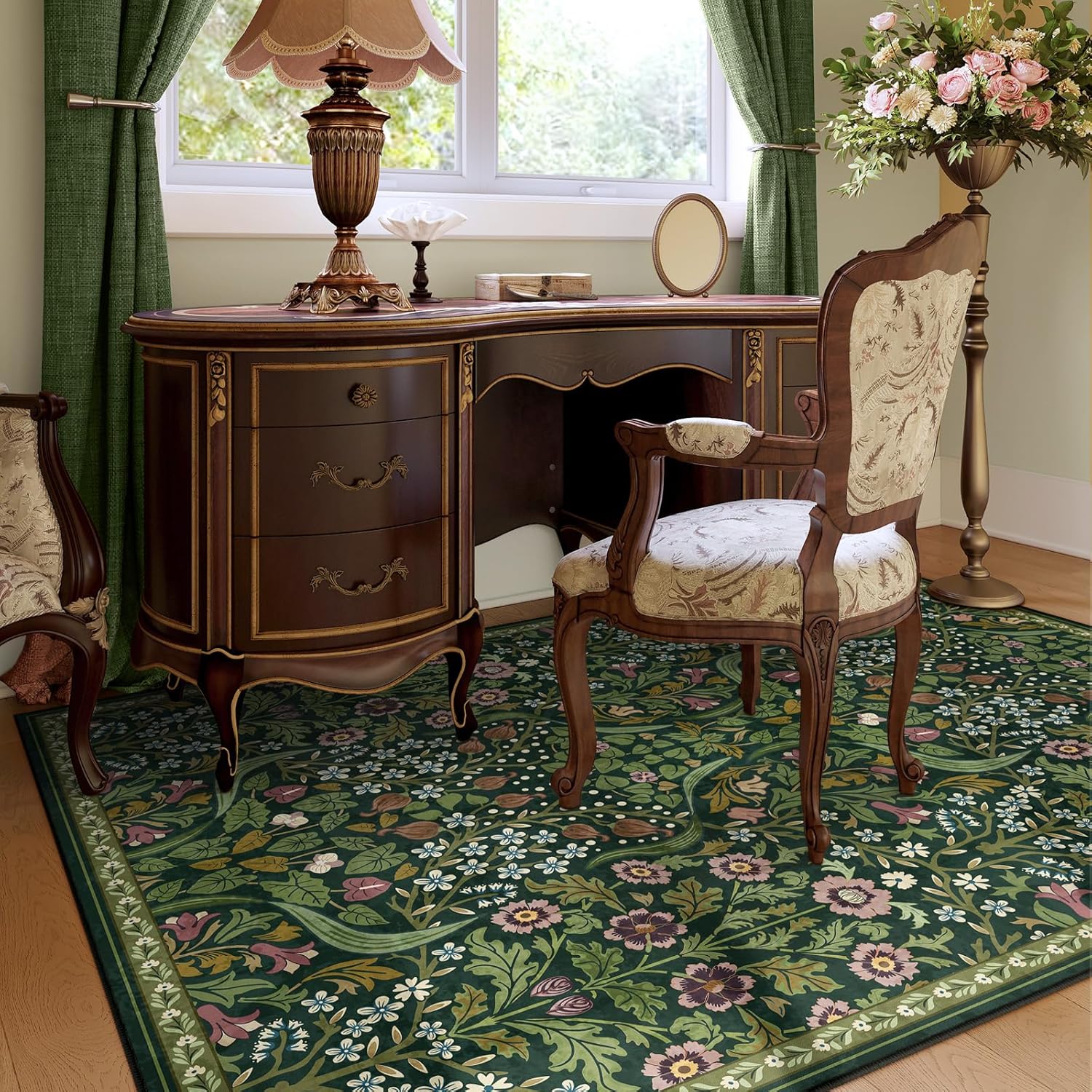 Moynesa Floral Washable 5x7 Rug, Green Area Rugs for Living Room, Non Slip Boho Dining Room Rug Under Table, Botanical Ultra Thin Floor Carpet for Bedroom Home Office, Green - Image 7