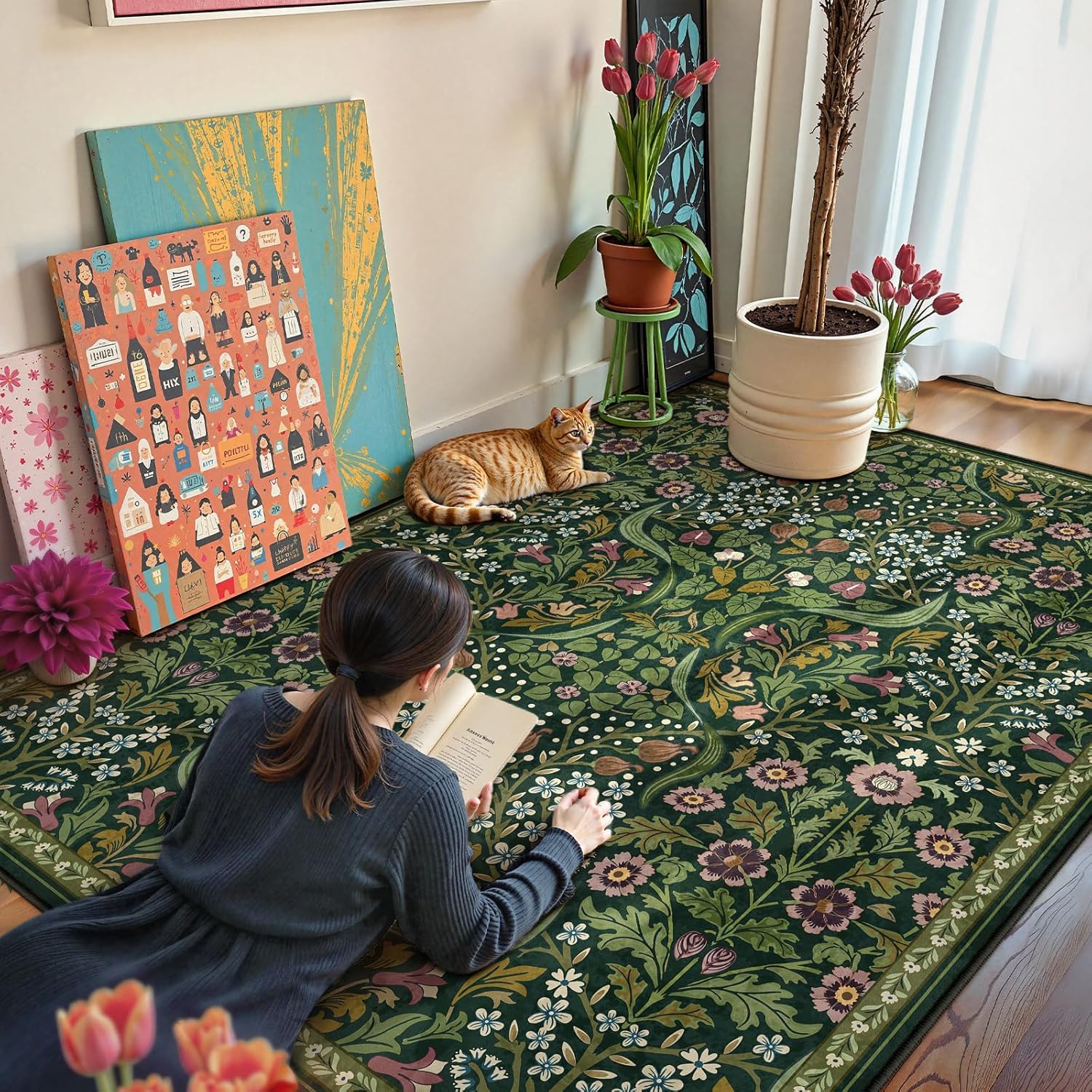 Moynesa Floral Washable 5x7 Rug, Green Area Rugs for Living Room, Non Slip Boho Dining Room Rug Under Table, Botanical Ultra Thin Floor Carpet for Bedroom Home Office, Green - Image 8